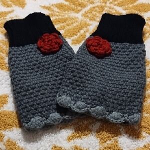 Gray and Black Crochet Fingerless Gloves with Red Flower By Tickled Pink.